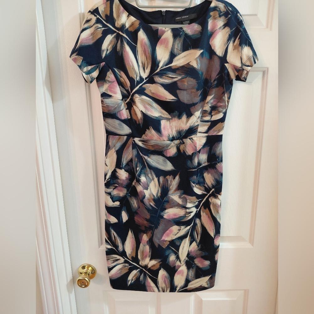 Maggy London Navy Midi Sheath with Pink and Cream Floral Brushstrokes